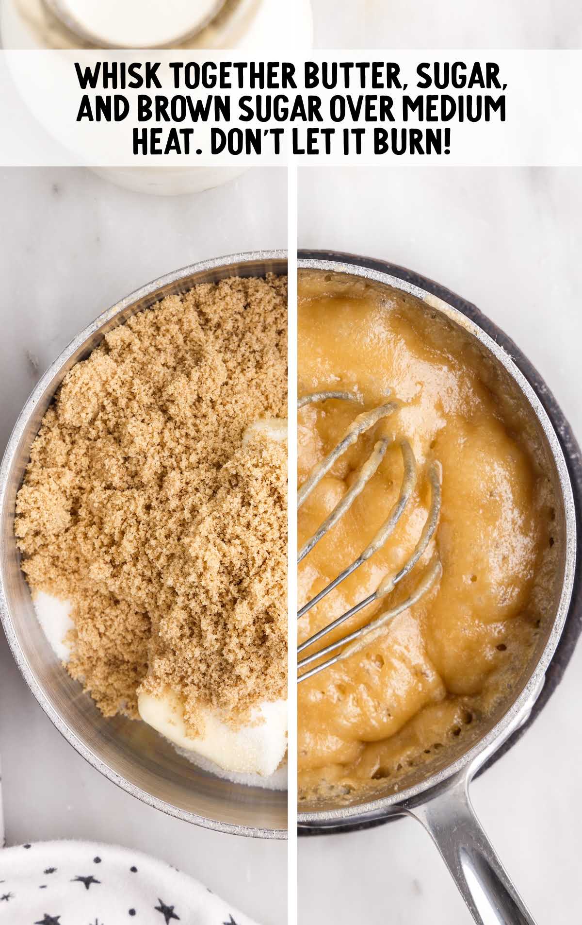 butter, sugar, and brown sugar whisked in a pan