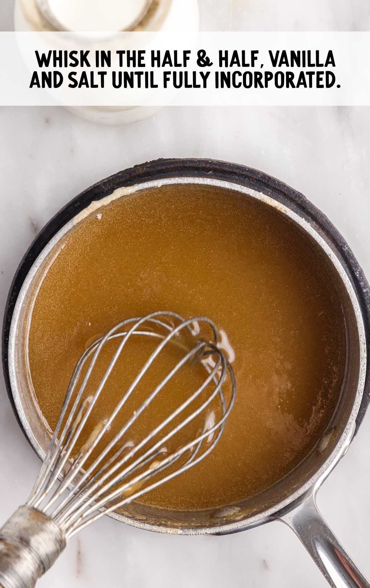 half and half , vanilla and salt whisked in a pan