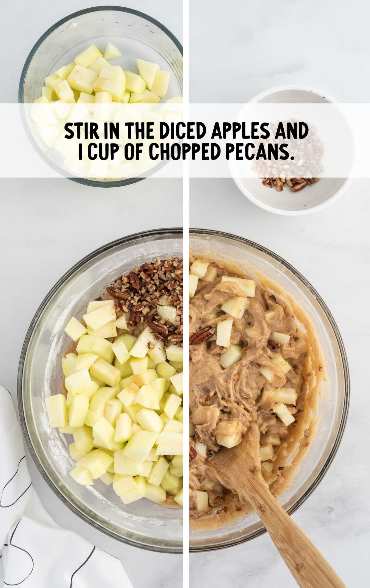 diced apples and chopped pecans stirred in a bow with the vanilla mixture