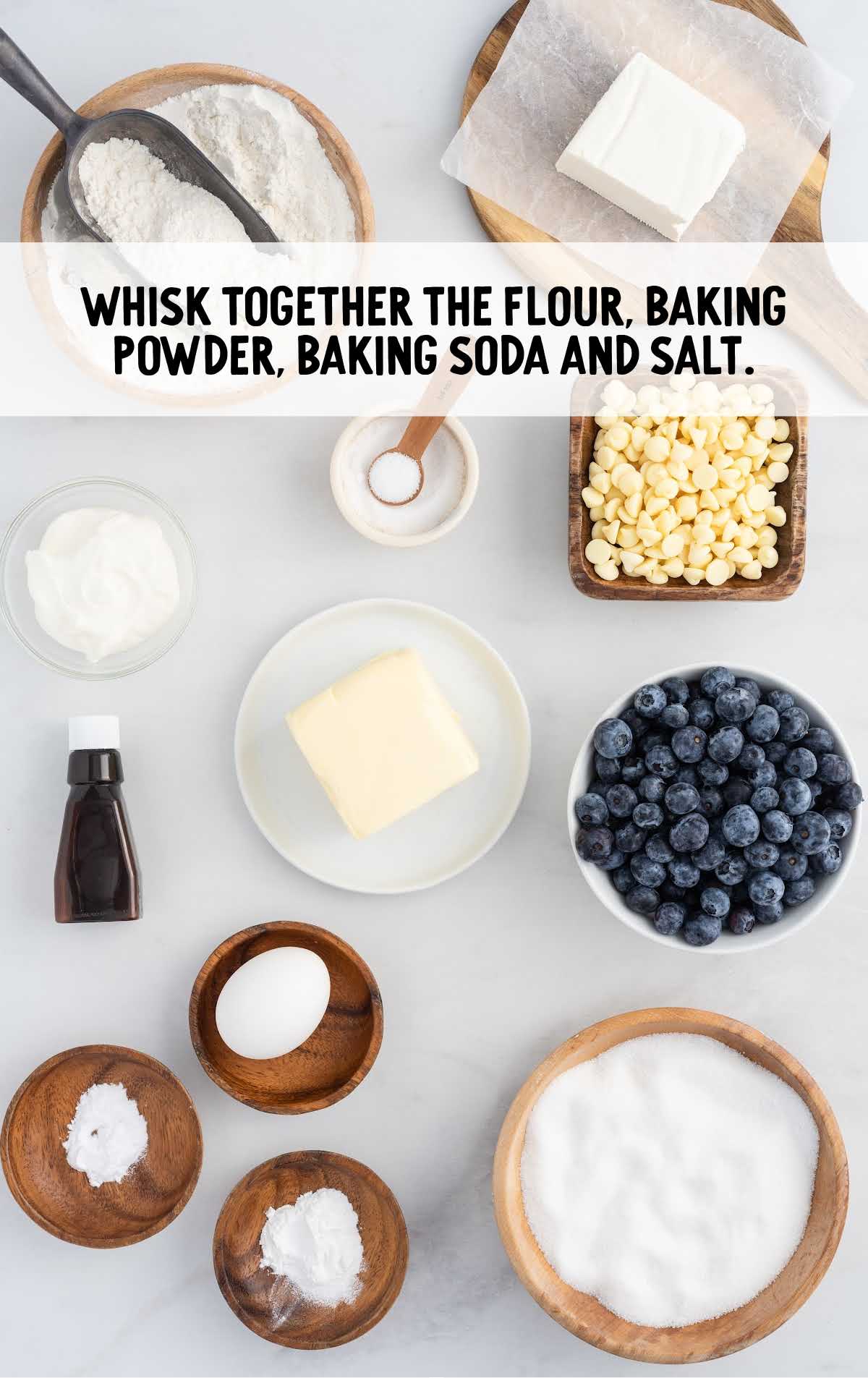 flour, baking powder, baking soda, and salt whisked together