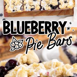 a close up shot of pieces of Blueberry Pie Bars on a wooden board and a close up shot of a piece of Blueberry Pie Bar on a plate with a bite taken out if it