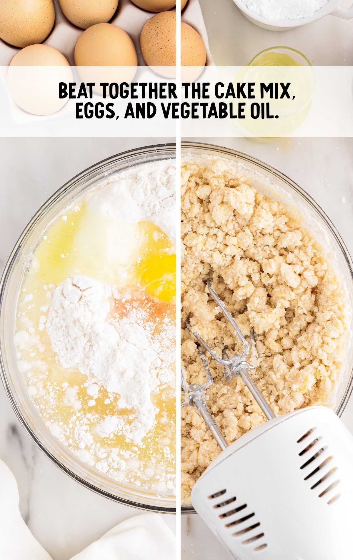cake mix, eggs, and vegetable oil blended in a bowl