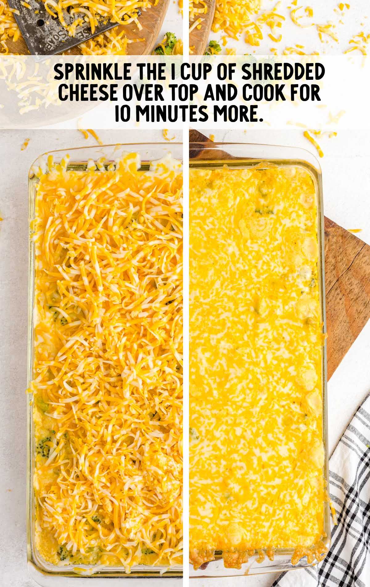 shredded cheese sprinkled on top of the casserole in a baking dish