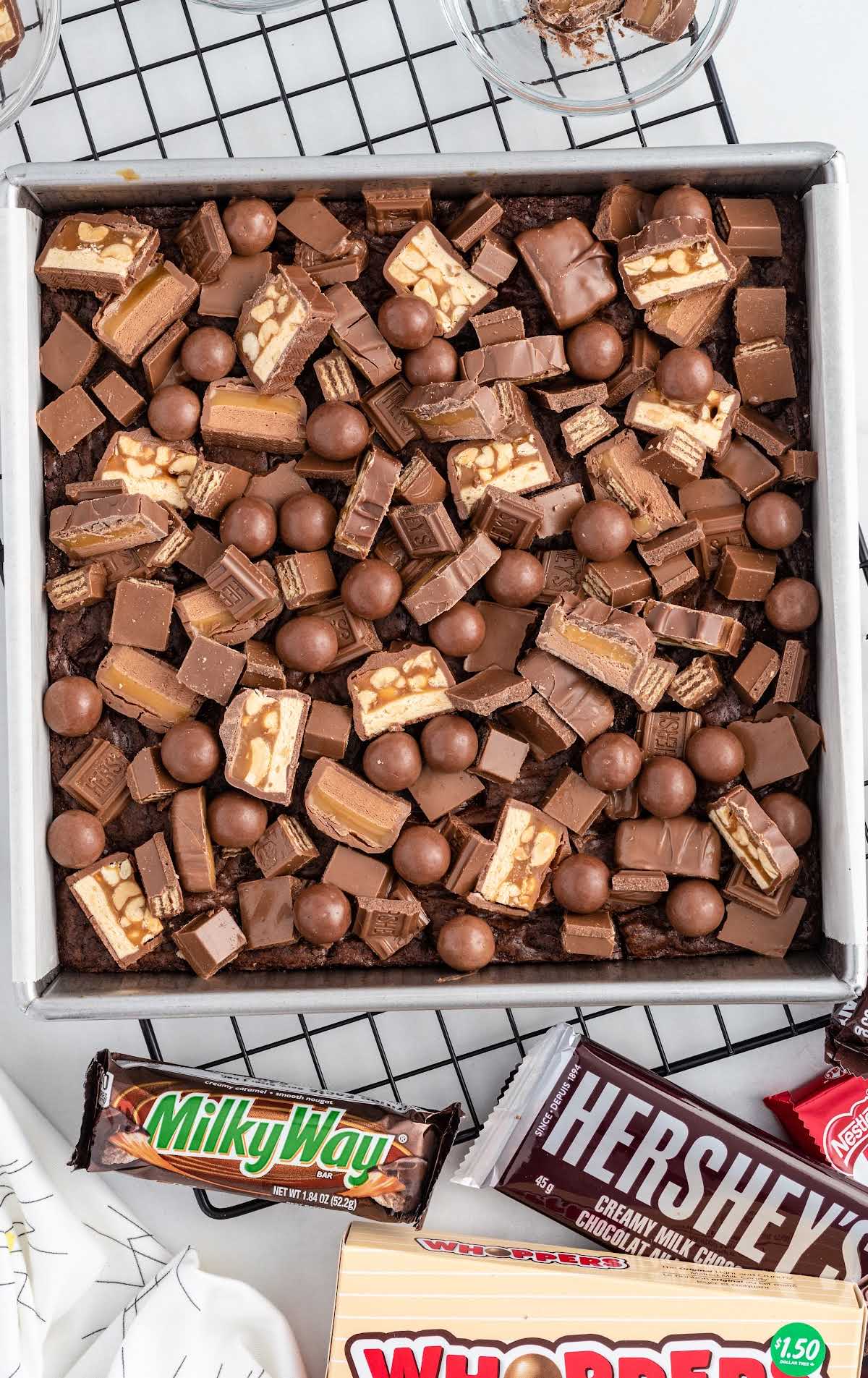 an overhead of Candy Bar Brownie in a baking dish