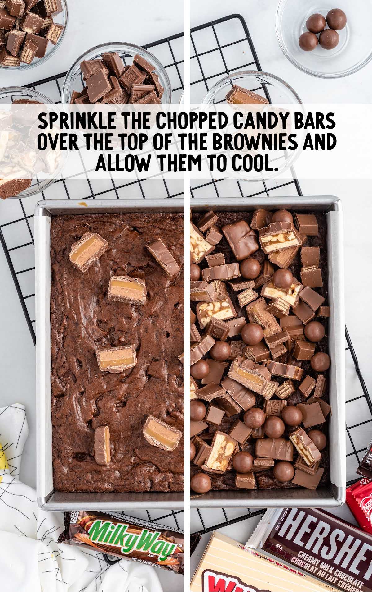 chopped candy bars sprinkled on top of the brownies in a baking dish
