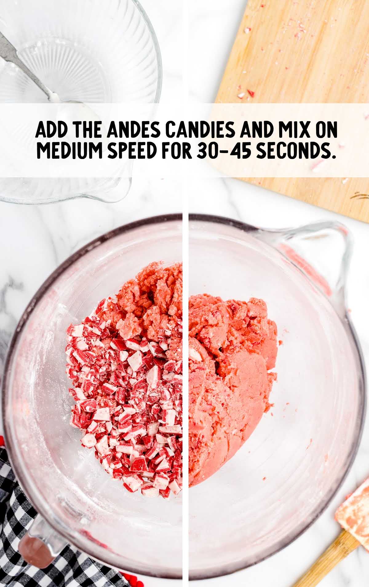 andes candies added to the dry ingredients in a bowl