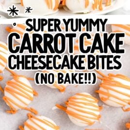 close u shot of Carrot Cake Cheesecake Bites with one split in half and a overhead shot of Carrot Cake Cheesecake Bites on a baking pan