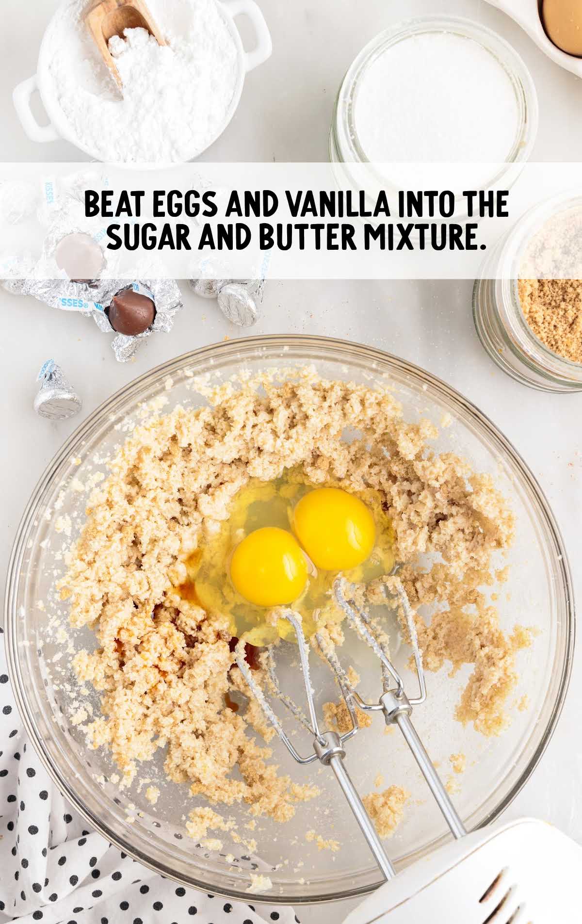 egg and vanilla added to the sugar and butter mixture and blended together in a bowl
