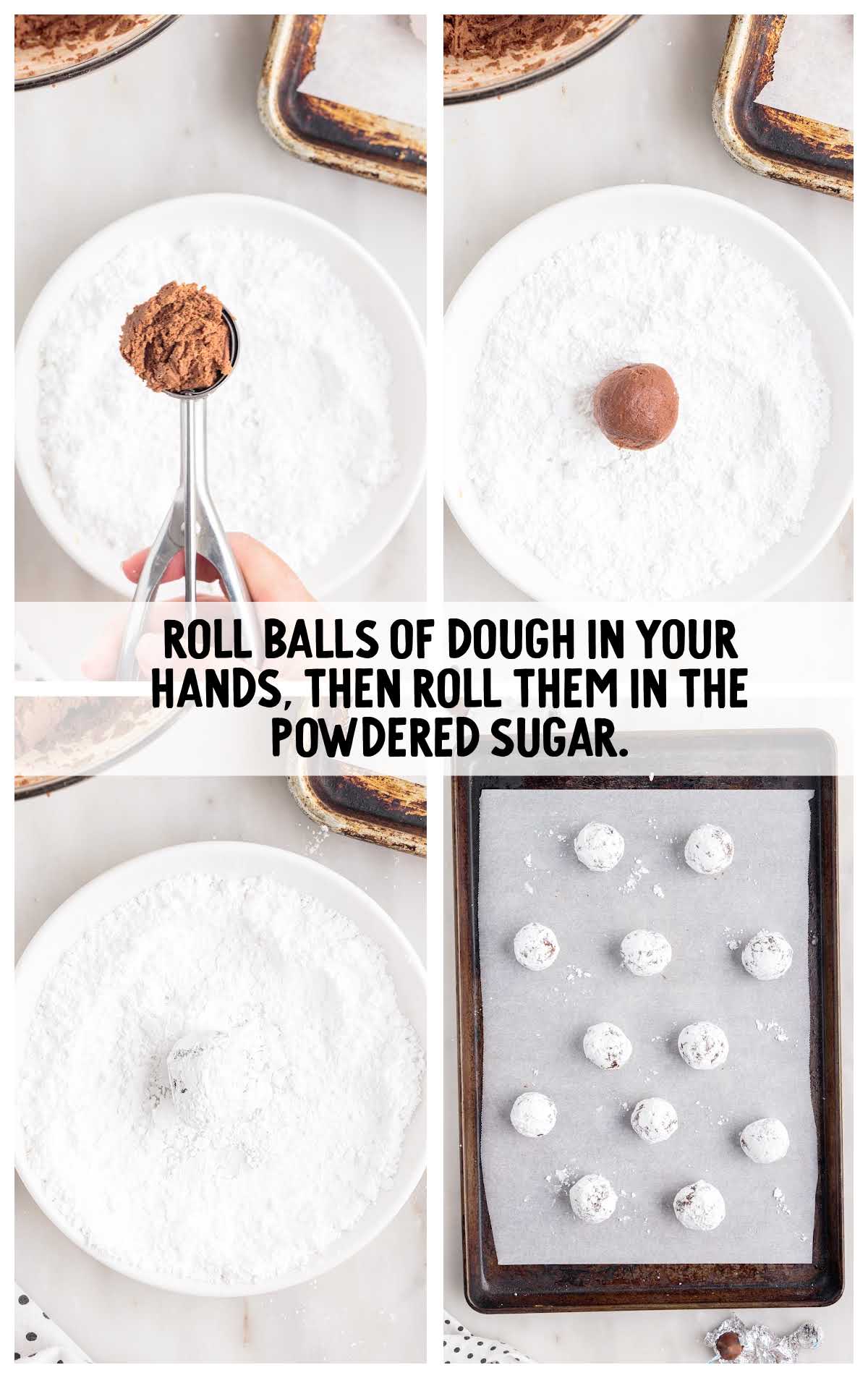 dough rolled into balls and then rolled in the powdered sugar