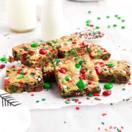 close up shot of Christmas Cookie Bars stacked on top of each other