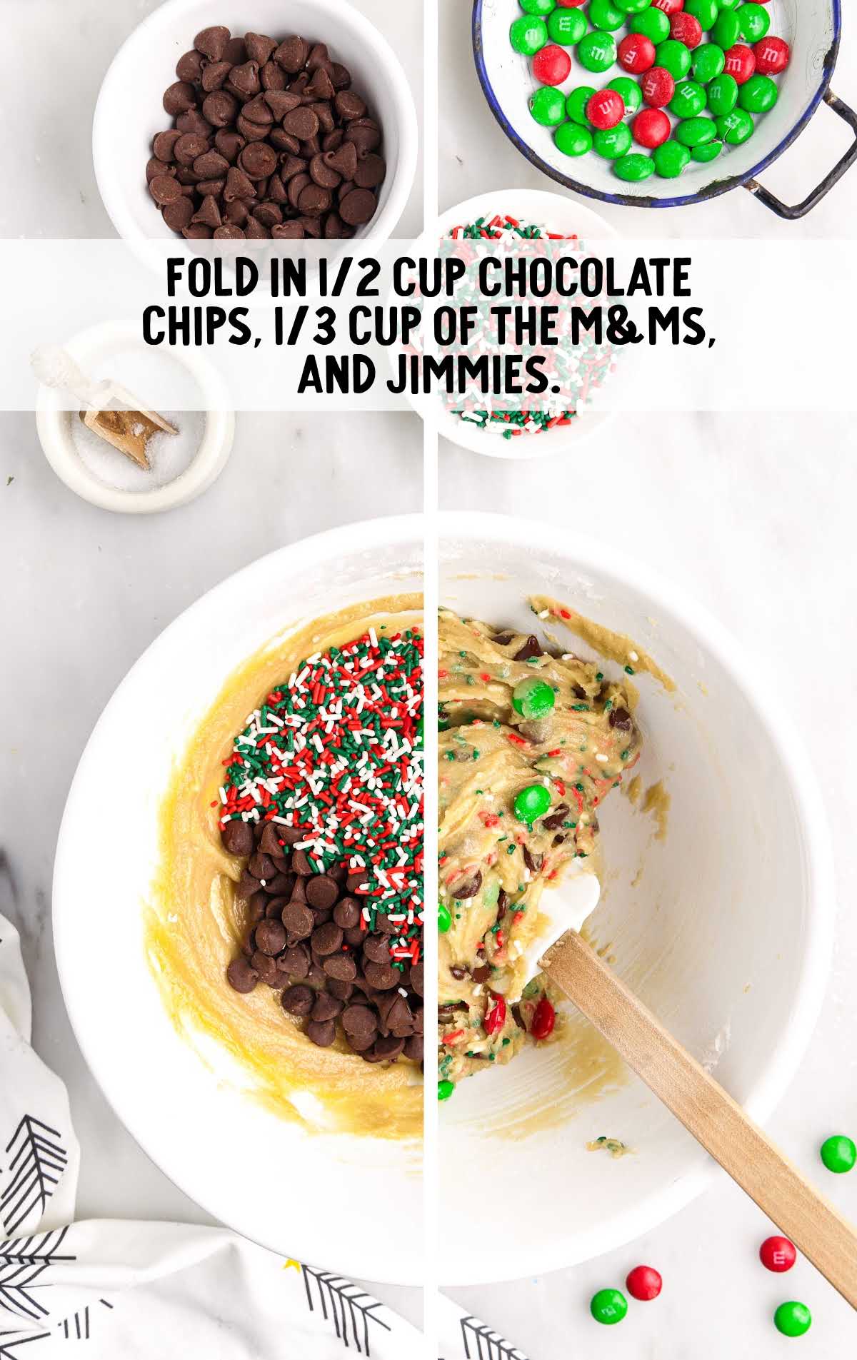 chocolate chips, M&ms and jimmies folded in a bowl