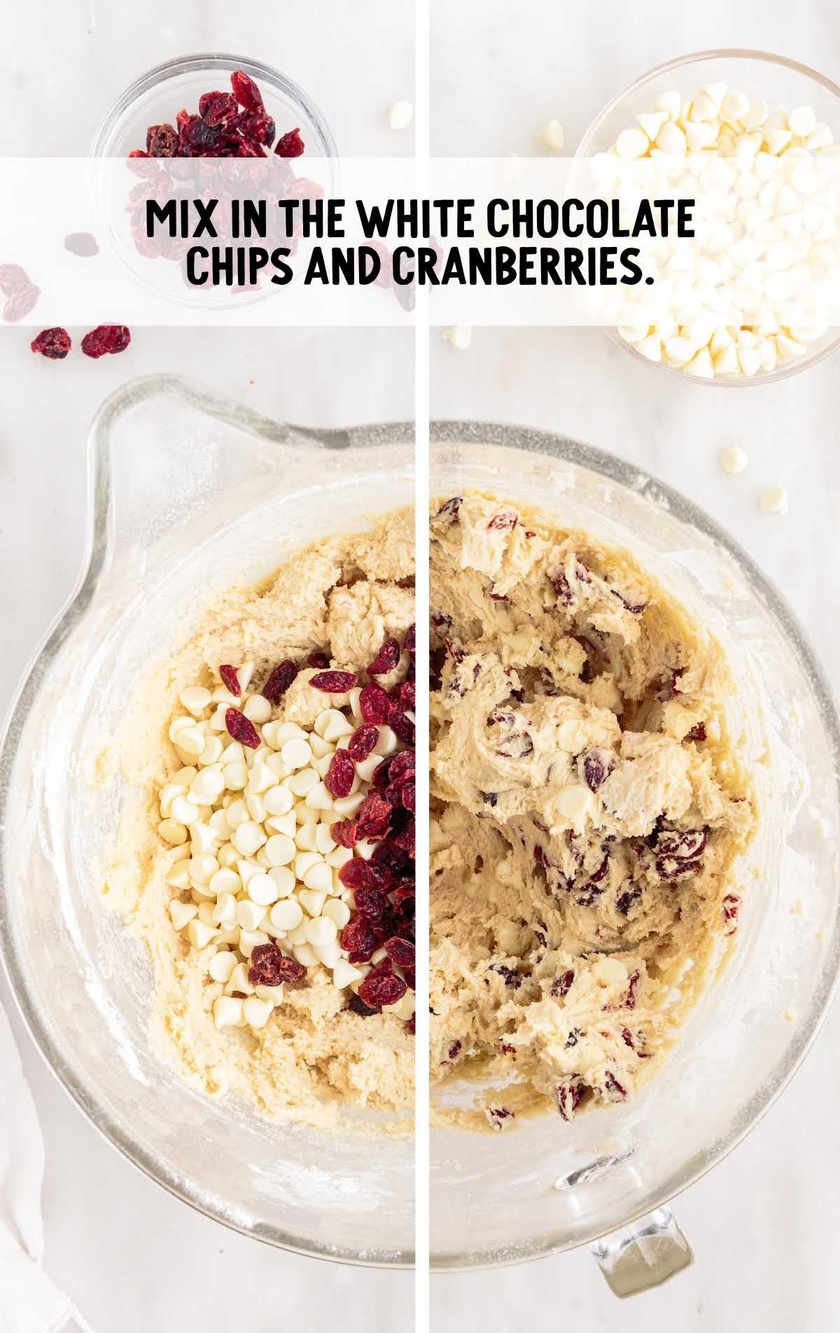 white chocolate chips and cranberries mixed in a cup
