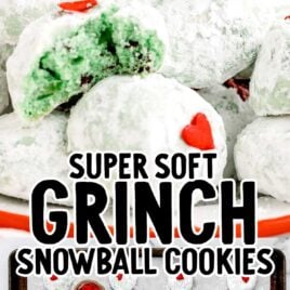 a close up shot of Grinch Snowball Cookies with one split in half on a plate and a overhead shot of grinch snowball cookies on a cookie sheet