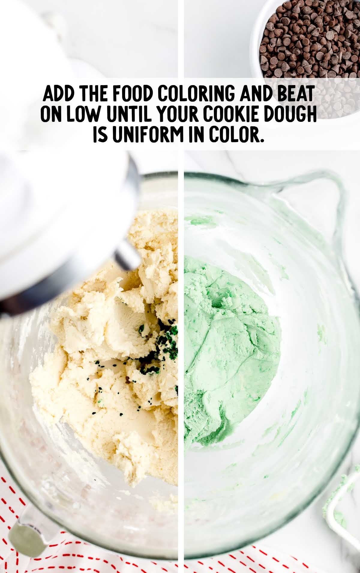 food coloring added to the flour mixture and blended together in a measuring cup