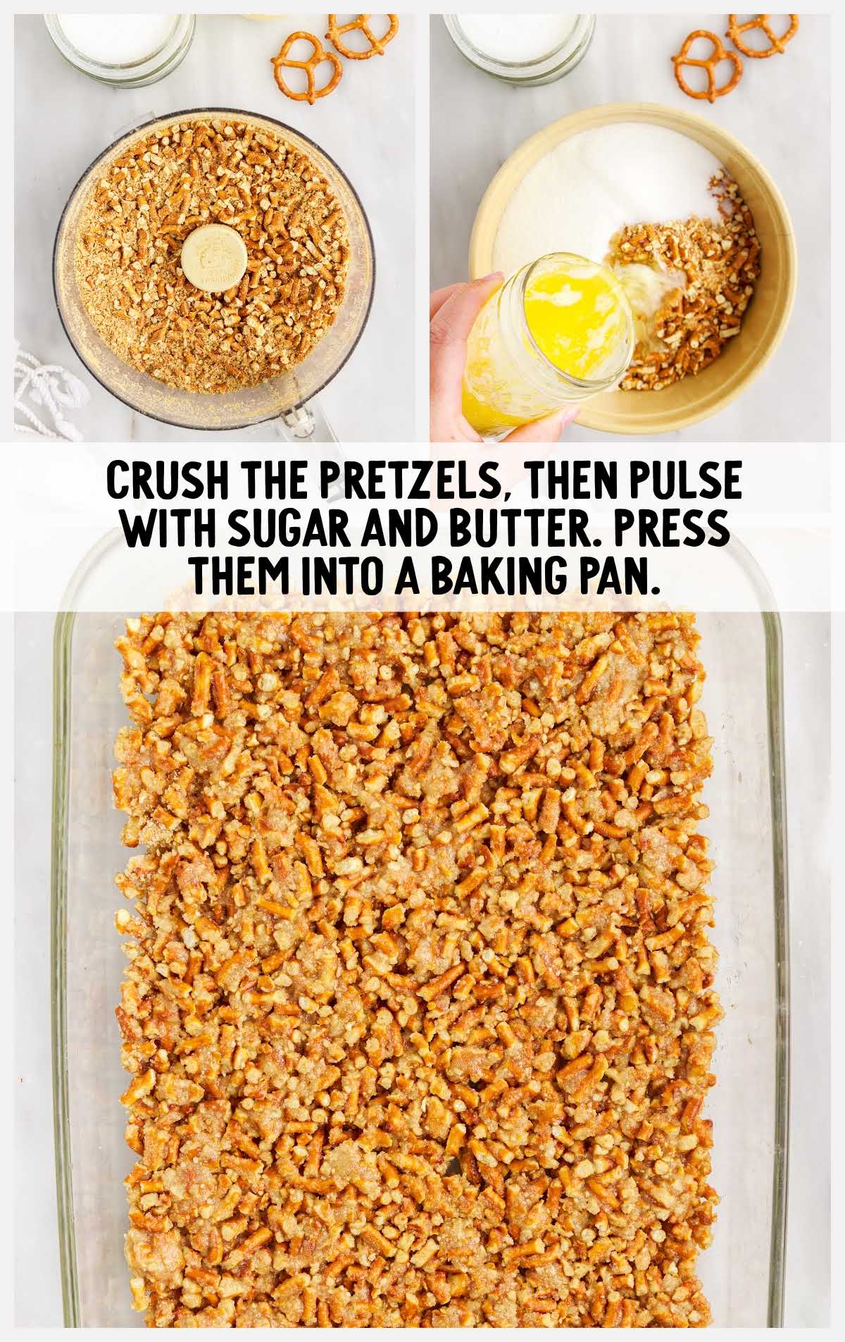 crushed pretzel, sugar and butter combined and pressed into a baking pan