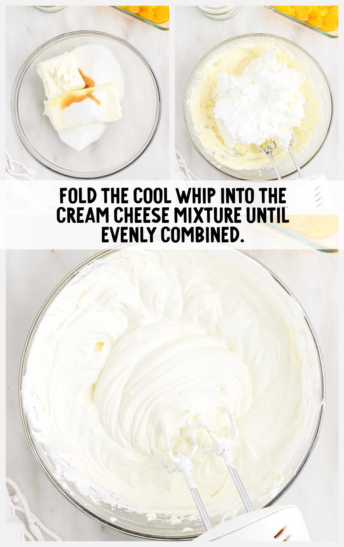 cool whip and cream cheese folded together in a bowl