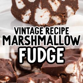 close up shot of pieces of Marshmallow Fudge stacked on top of each other with one having a bite taken out of it and a close up shot of a marshmallow fudge on a plate