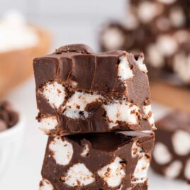 close up shot of pieces of Marshmallow Fudge stacked on top of each other