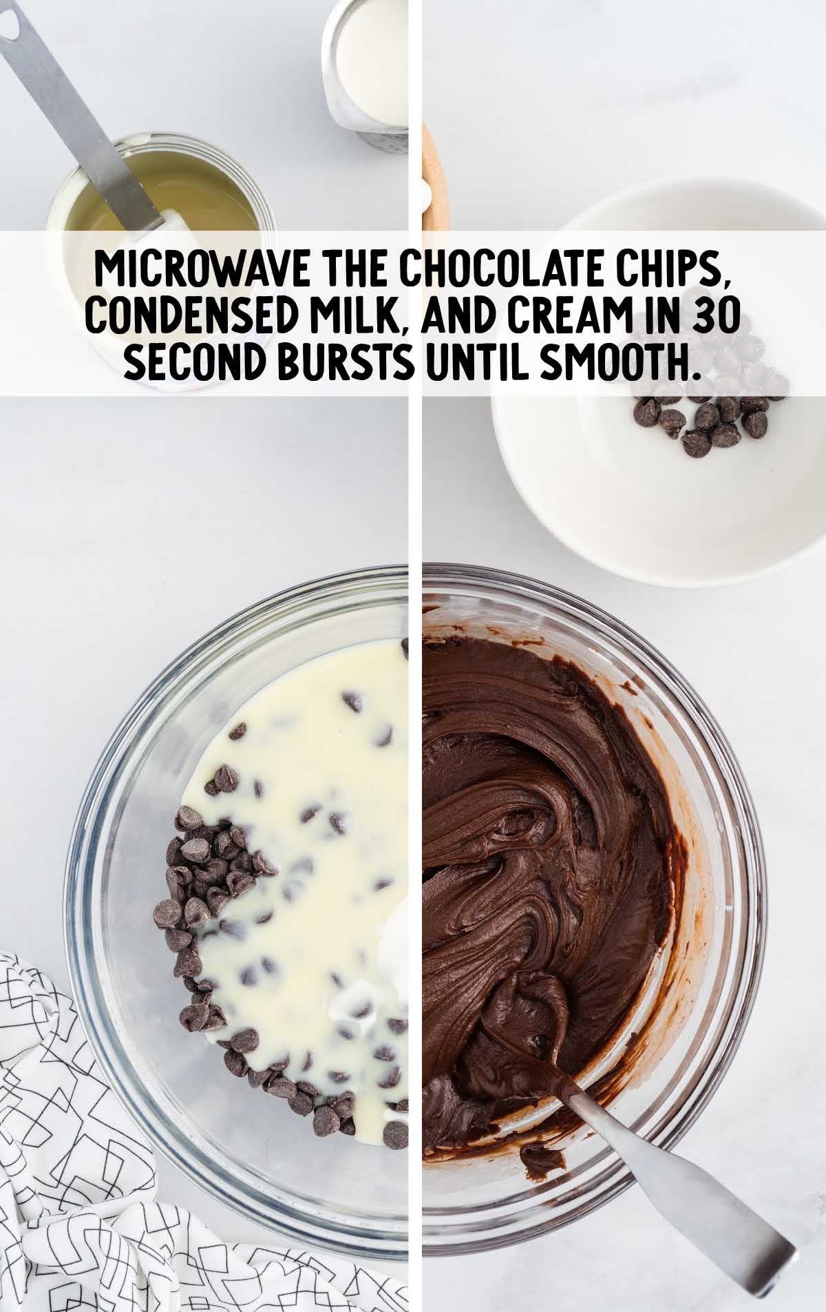 chocolate chip, milk, and cream microwaved and folded in a bowl