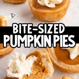 Text overlay image showing “bite-sized pumpkin pies easy vintage filling recipe” with mini pies and whipped cream
