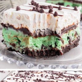 a close up shot of a slice of Mint Chocolate Chip Ice Cream Cake on a plate with a bite taken out and a close up shot of a mint chocolate chip ice cream cake in a baking dish with slices taken out