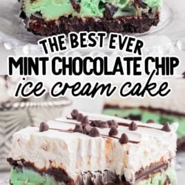 a close up shot of a slice of Mint Chocolate Chip Ice Cream Cake on a plate with a bite taken out and a close up shot of a slice of Mint Chocolate Chip Ice Cream Cake on a plate