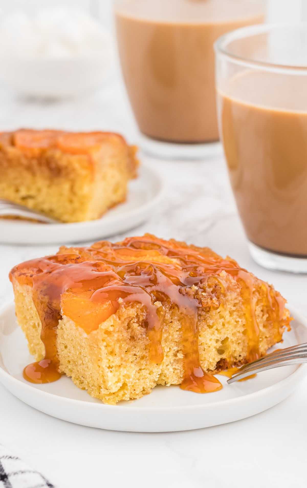 close up shot of Peach Upside-Down Cake on a plate