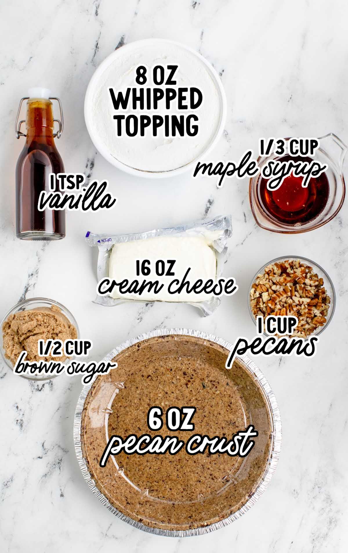 Pecan Cream Pie raw ingredients on white surface and labeled