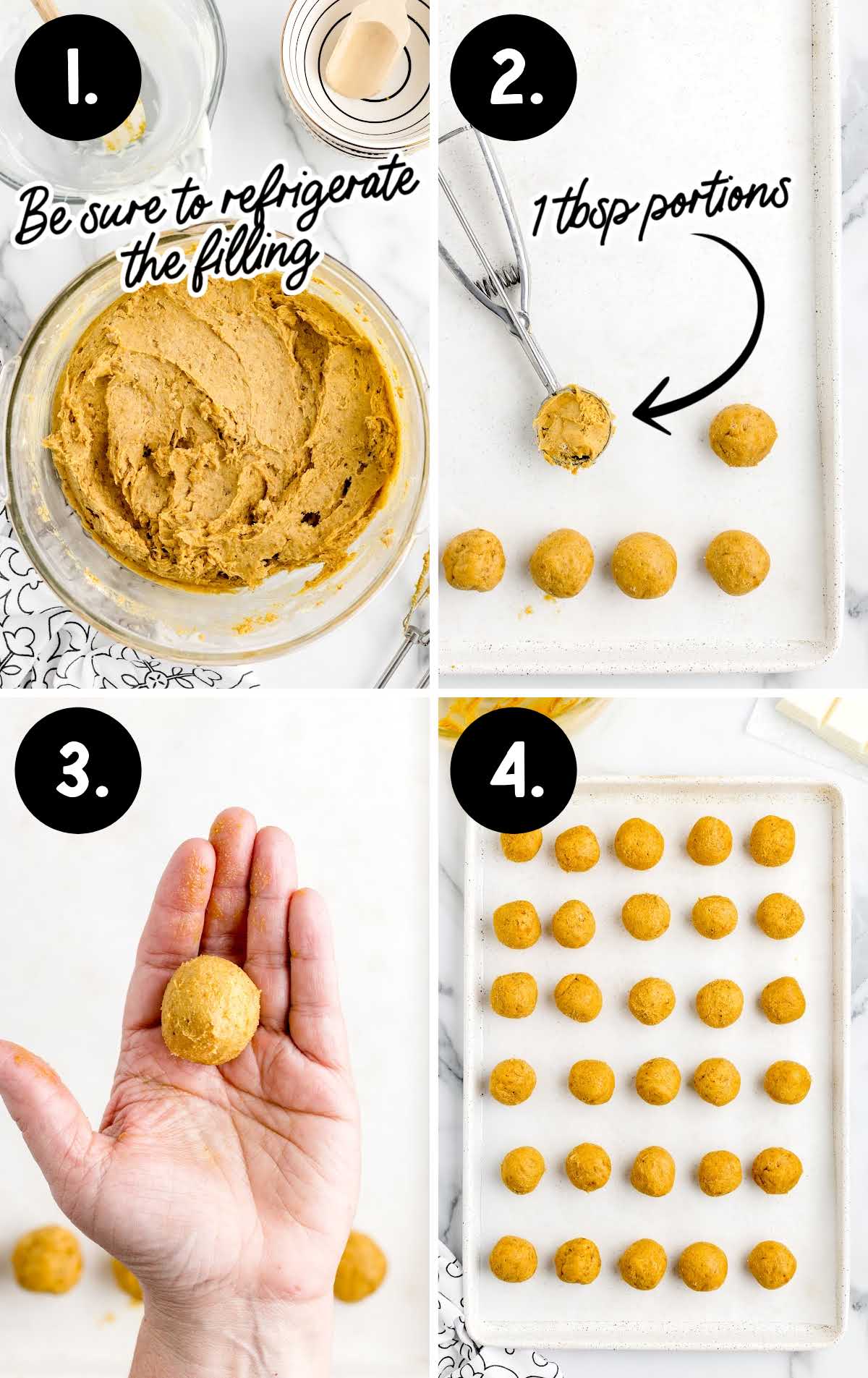 Step by step process of making pumpkin cheesecake balls, rolling pumpkin mixture into 1 tablespoon portions