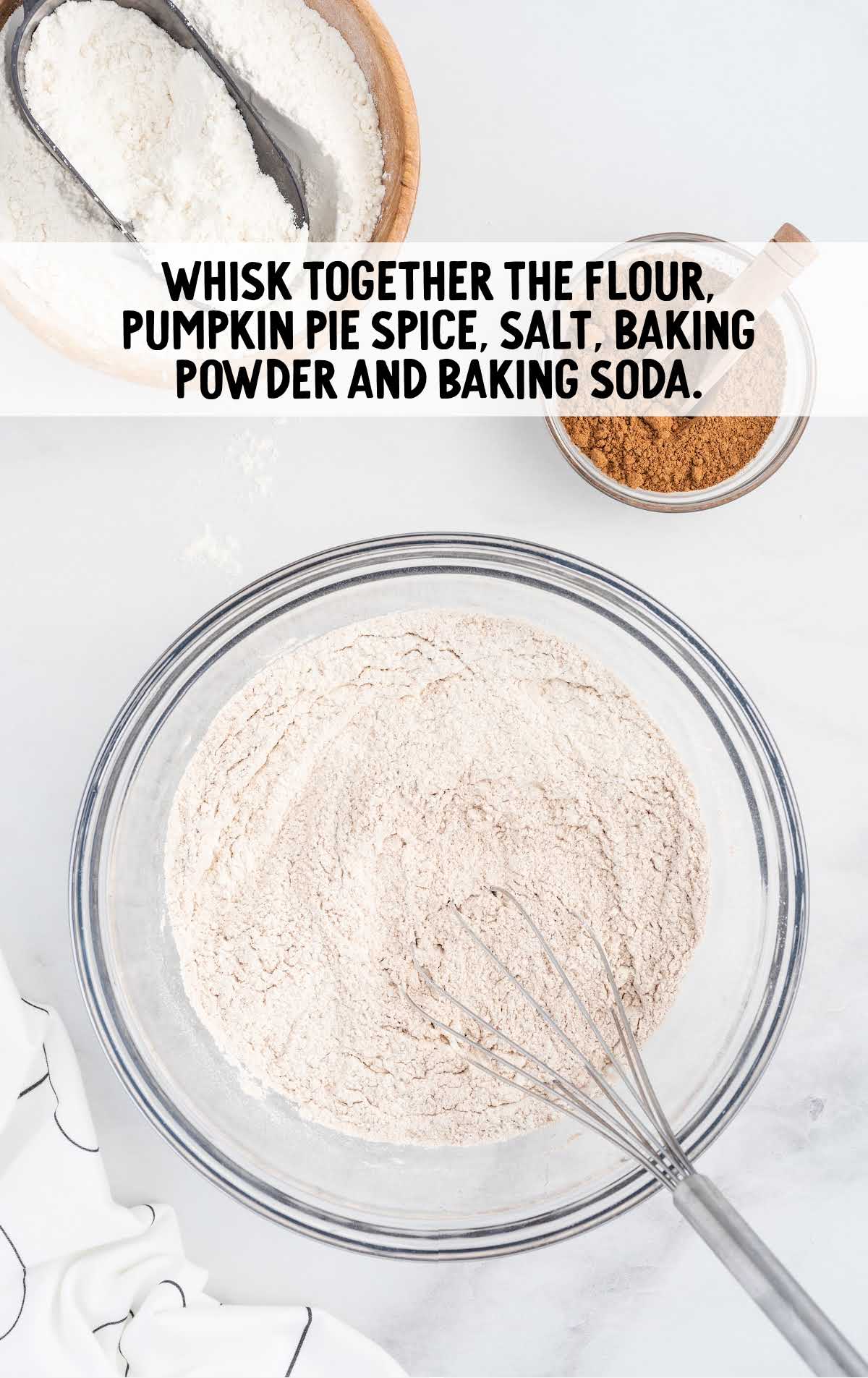 flour, pumpkin pie spice, salt, baking powder and baking soda whisked in a bowl