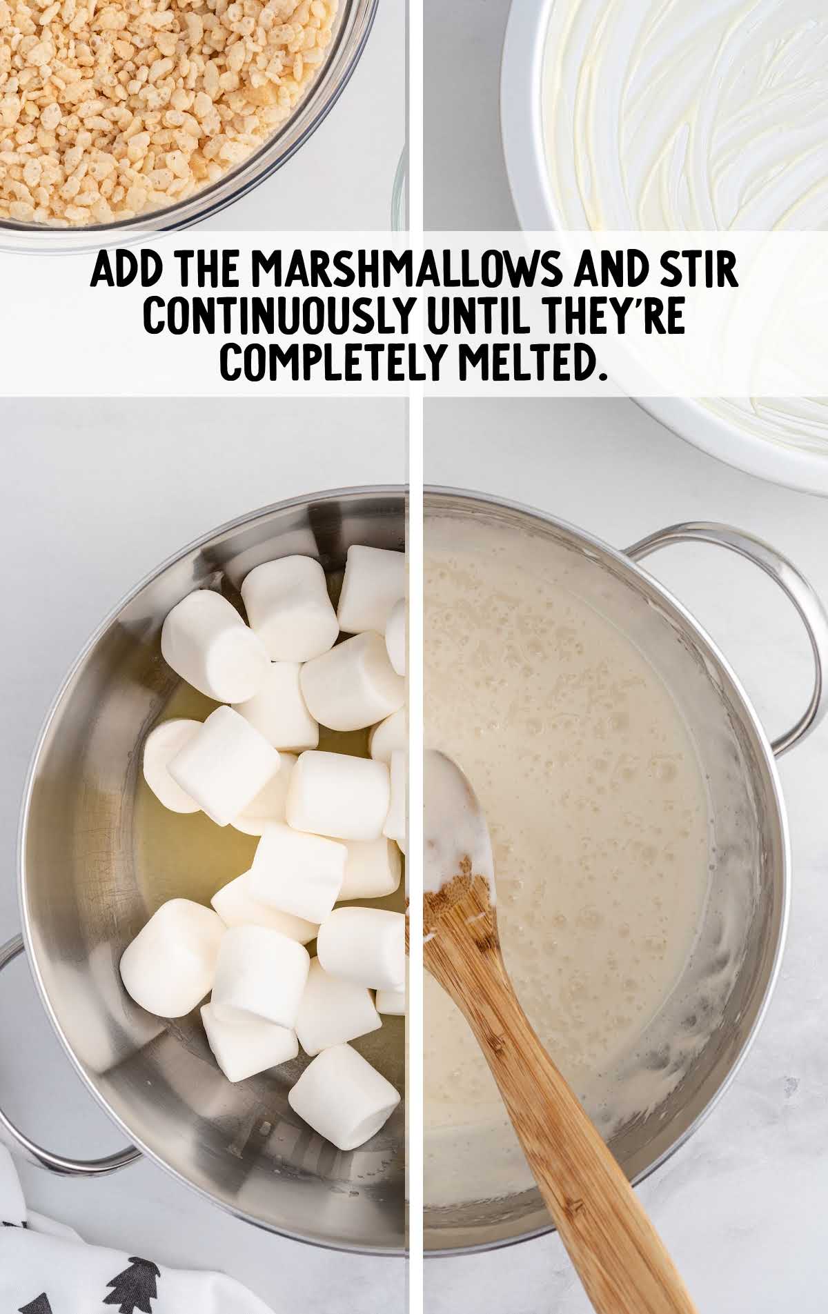 marshmallows added to the margarine mixture in a pot
