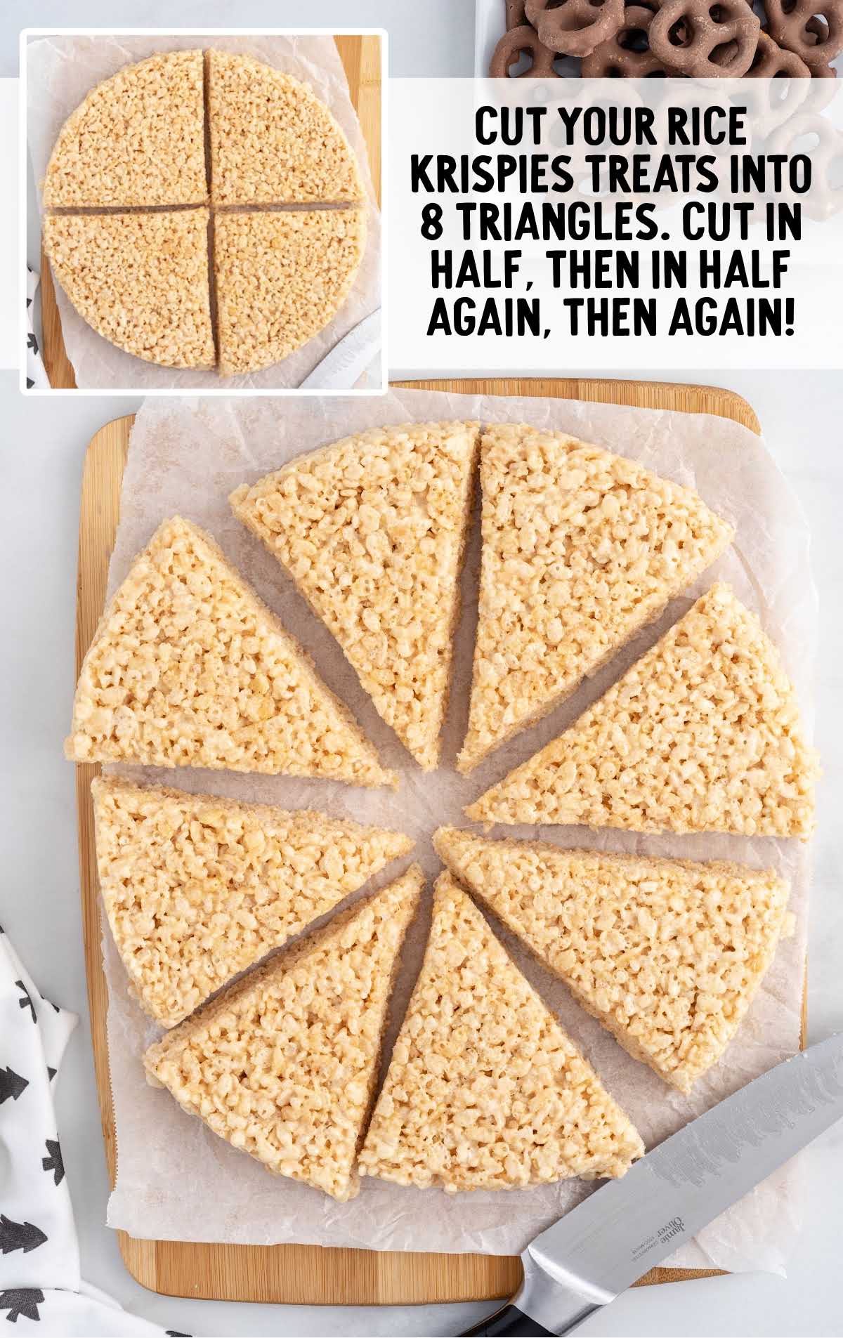 cut rice krispies into triangles on a wooden board