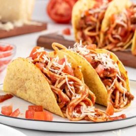 close up shot of Spaghetti Tacos on a plate