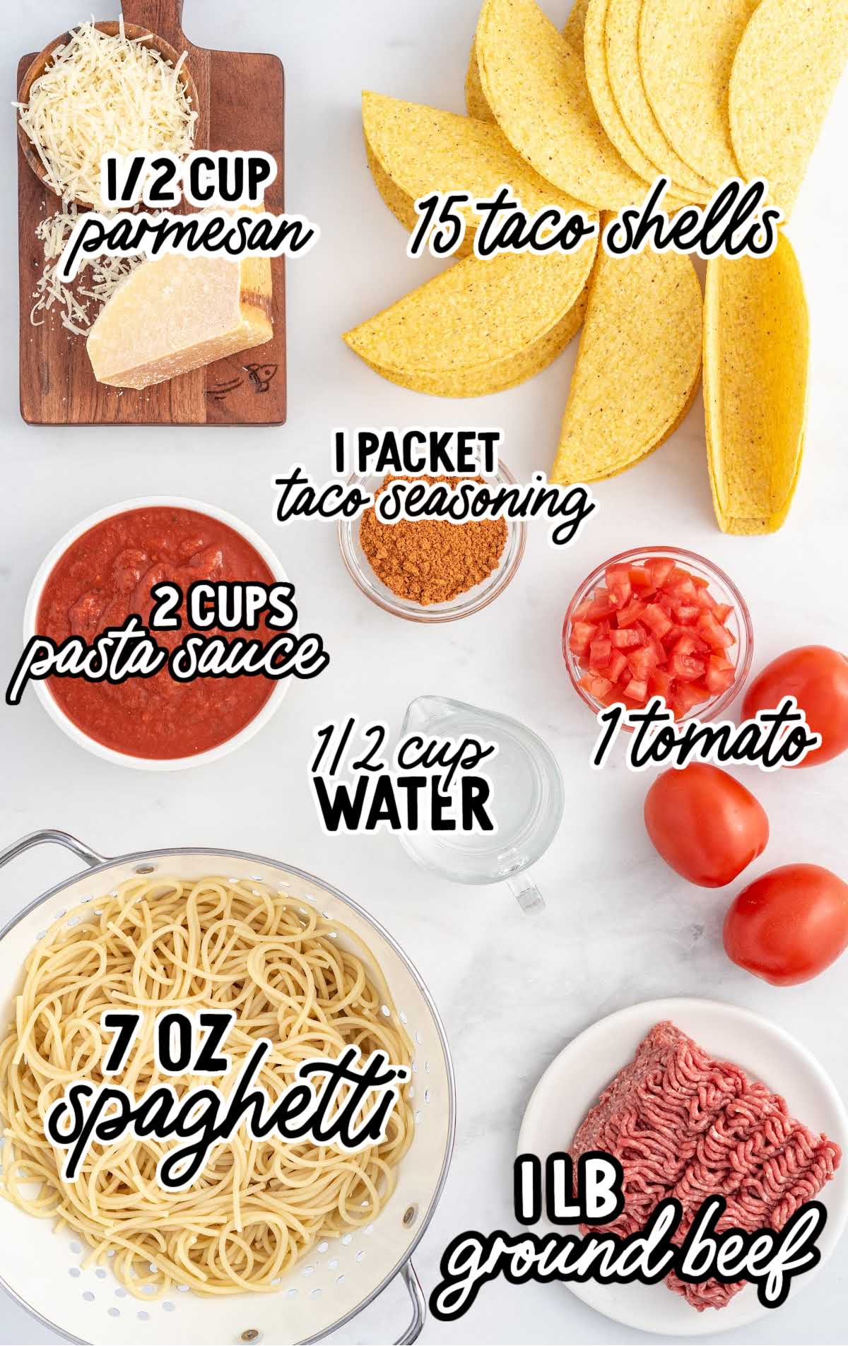 Spaghetti Tacos raw ingredients that are labeled