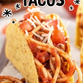 close up shot of a Spaghetti Taco on a wooden board