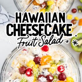 overhead shot up shot of Tropical Cheesecake Fruit Salad in a bowl and a close up shot of a spoon grabbing a piece of Tropical Cheesecake Fruit Salad