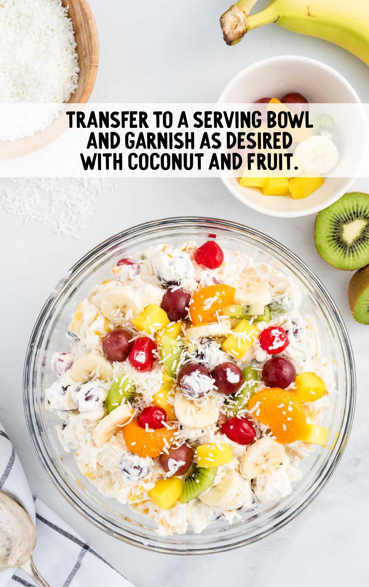 garnish shredded coconut and fruits in a bowl