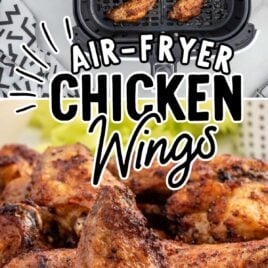 close up shot of Air Fryer Chicken Wings on a plate and a overhead shot of chicken wings on a a air fryer