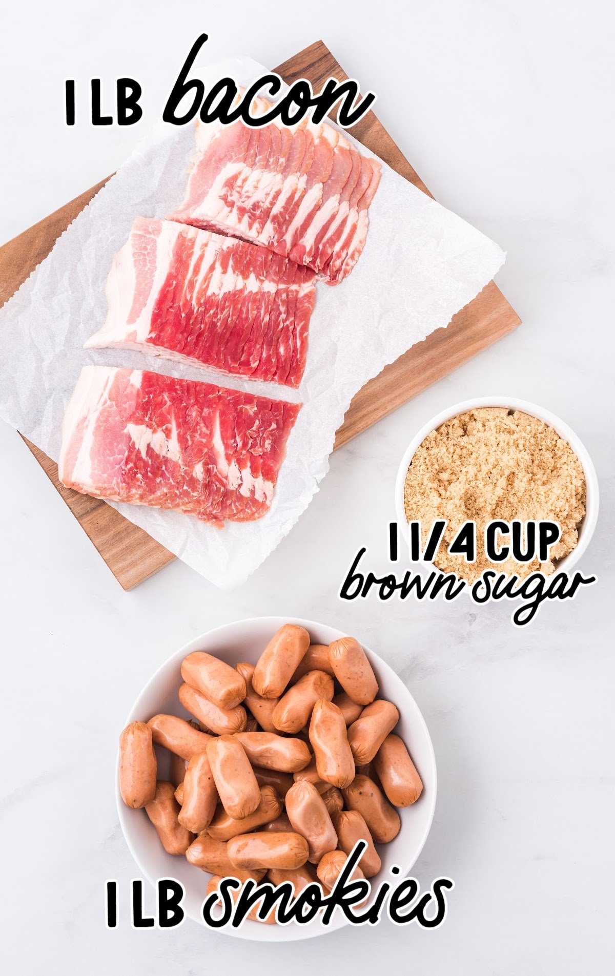 Raw ingredients for Bacon Wrapped Smokies.