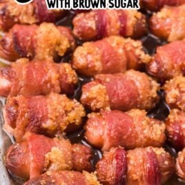 a close up shot of Bacon Wrapped Smokies on a baking dish