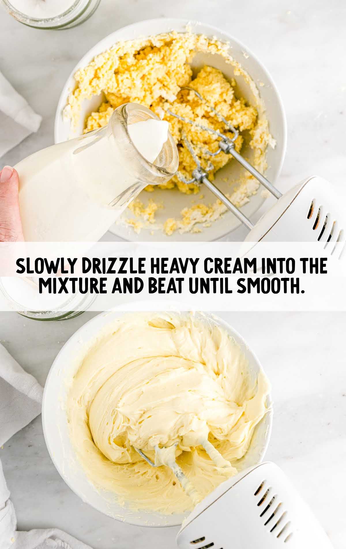 heavy cream drizzled into the cream cheese mixture and blended together in a bowl