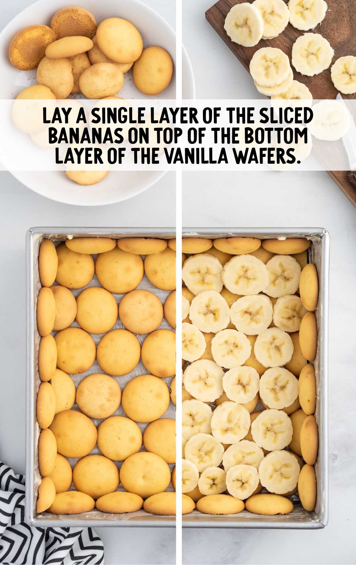 banana slices laid on top of the bottom layer of vanilla wafers