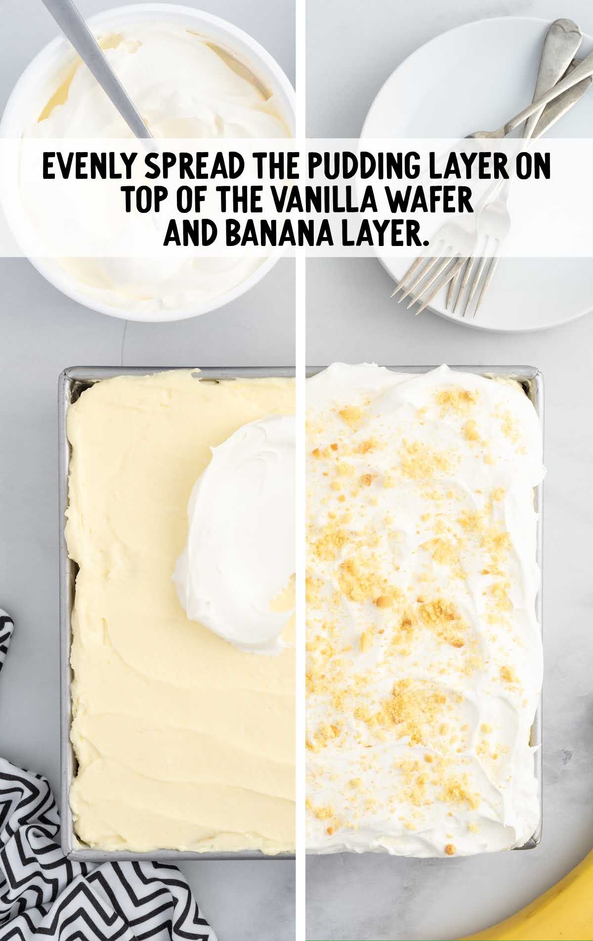 pudding layer spread on top of vanilla wafer and banana layer