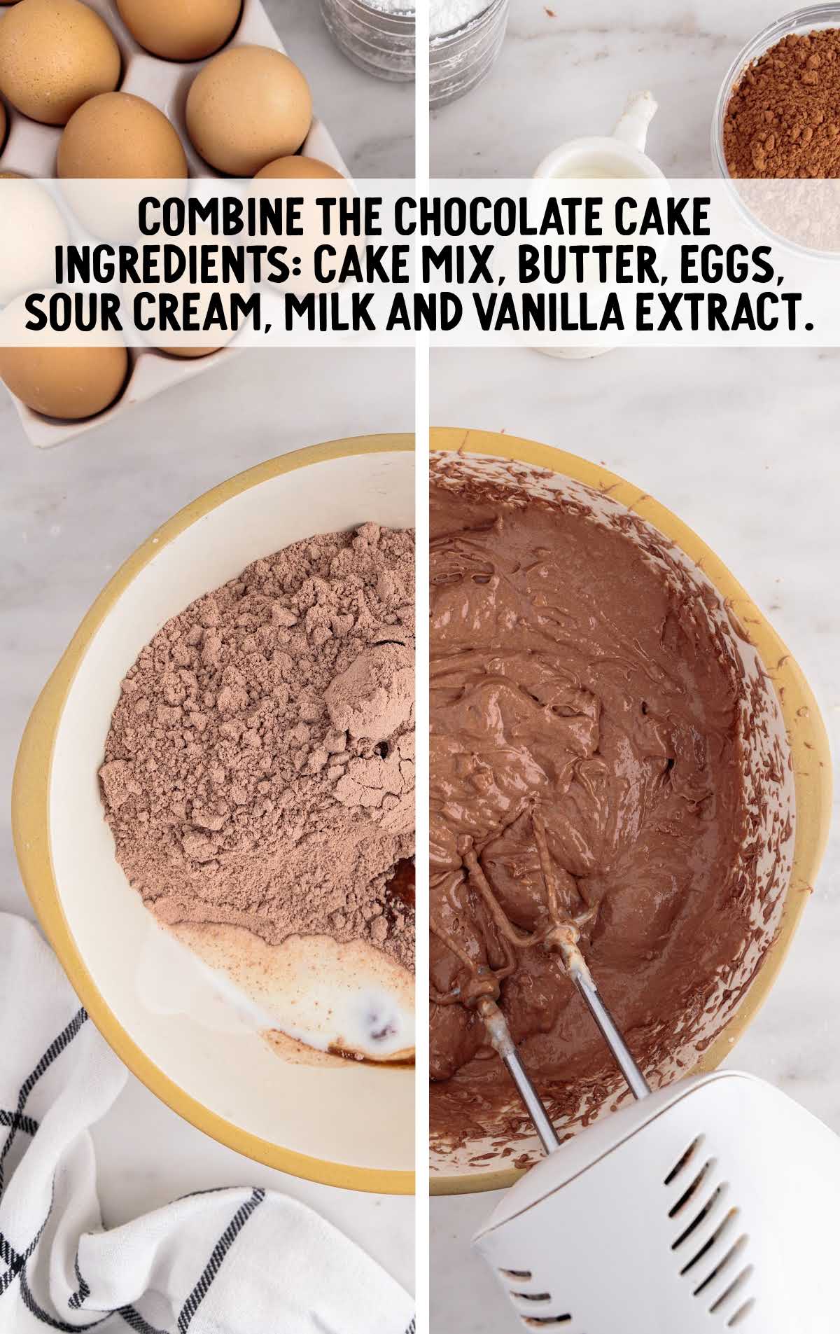 chocolate cake ingredients blended in a bowl