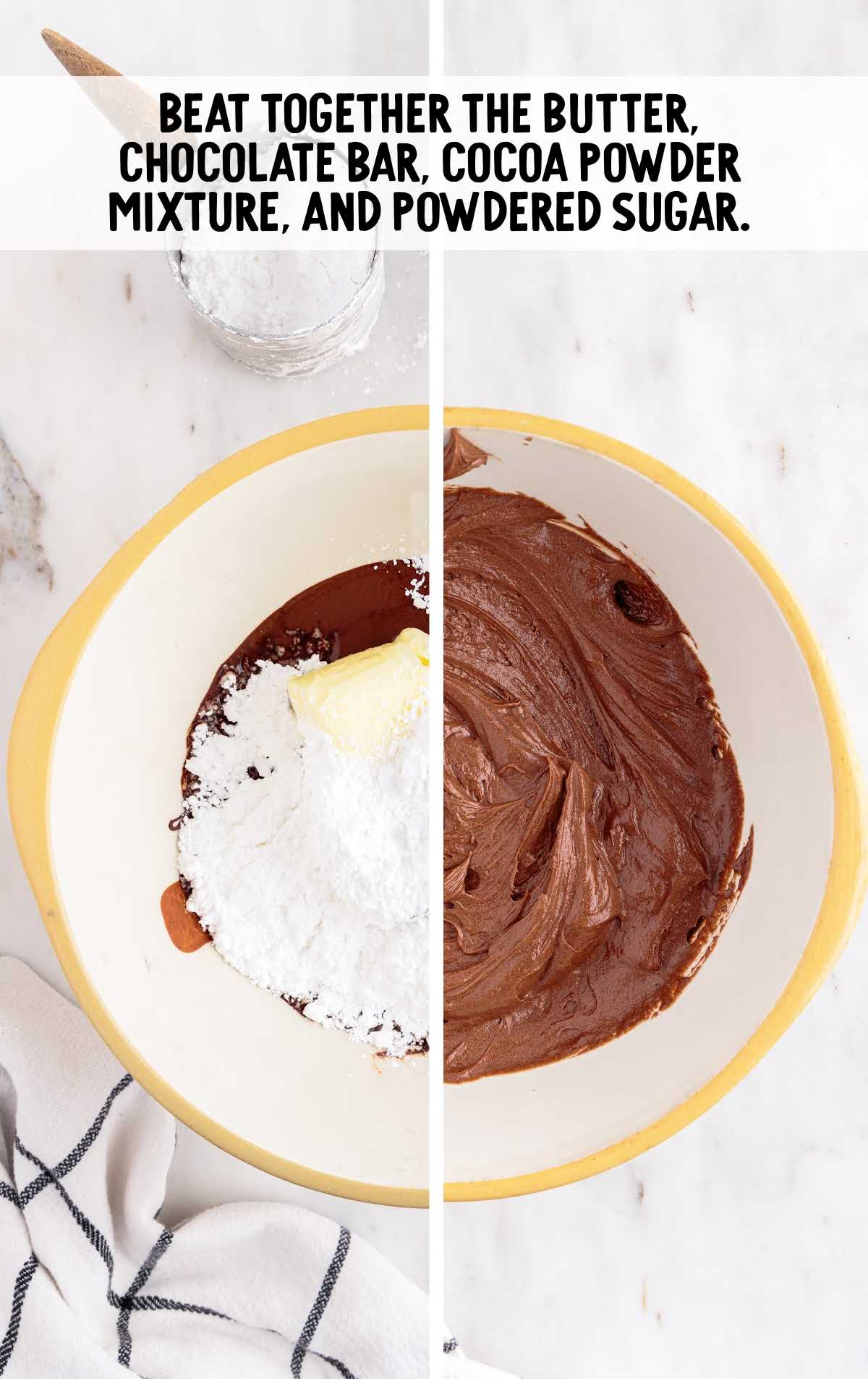 butter, chocolate bar, cocoa powder mixture, and powdered sugar folded in a bowl