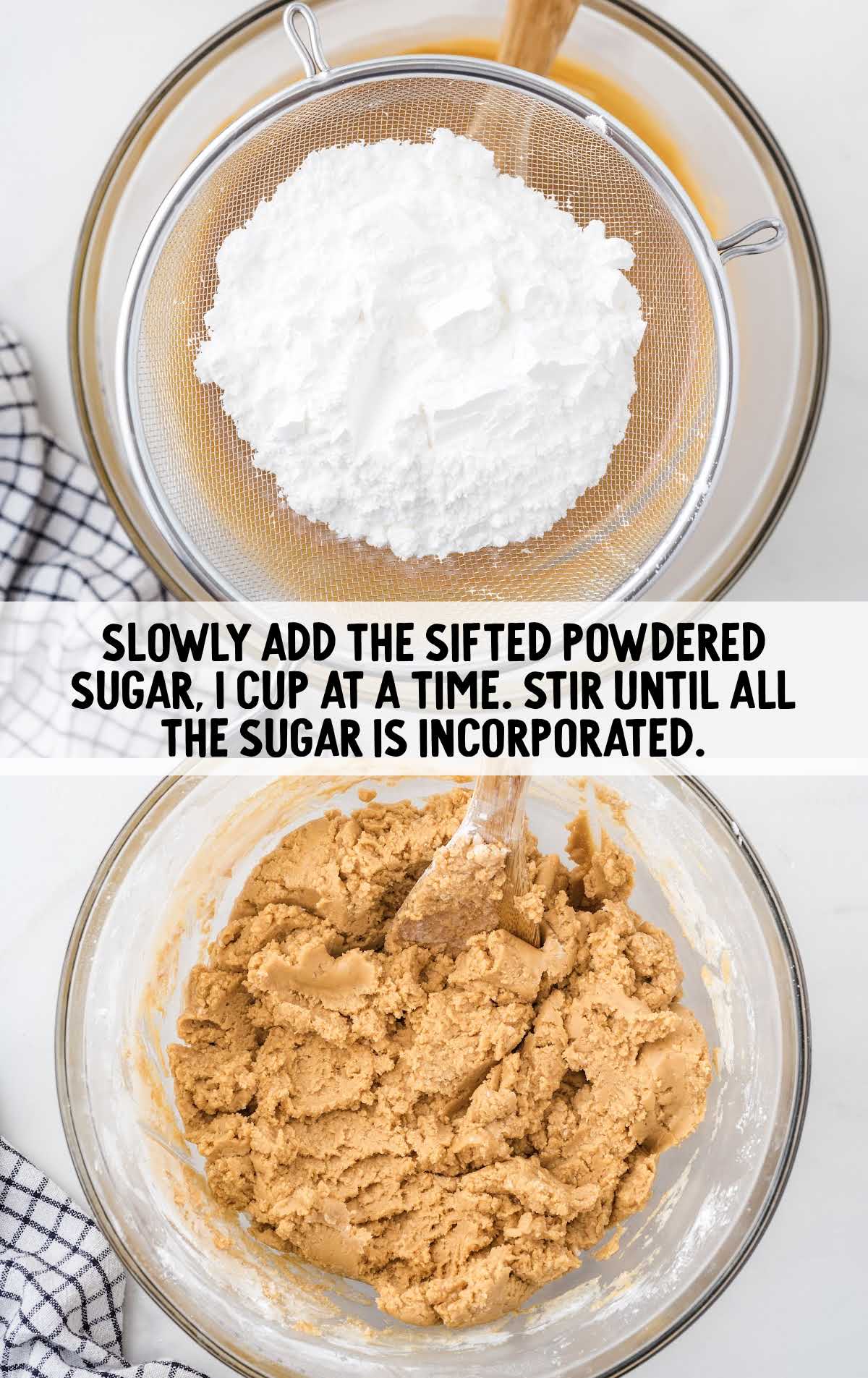 powdered sugar added to the peanut butter mixture in a bowl