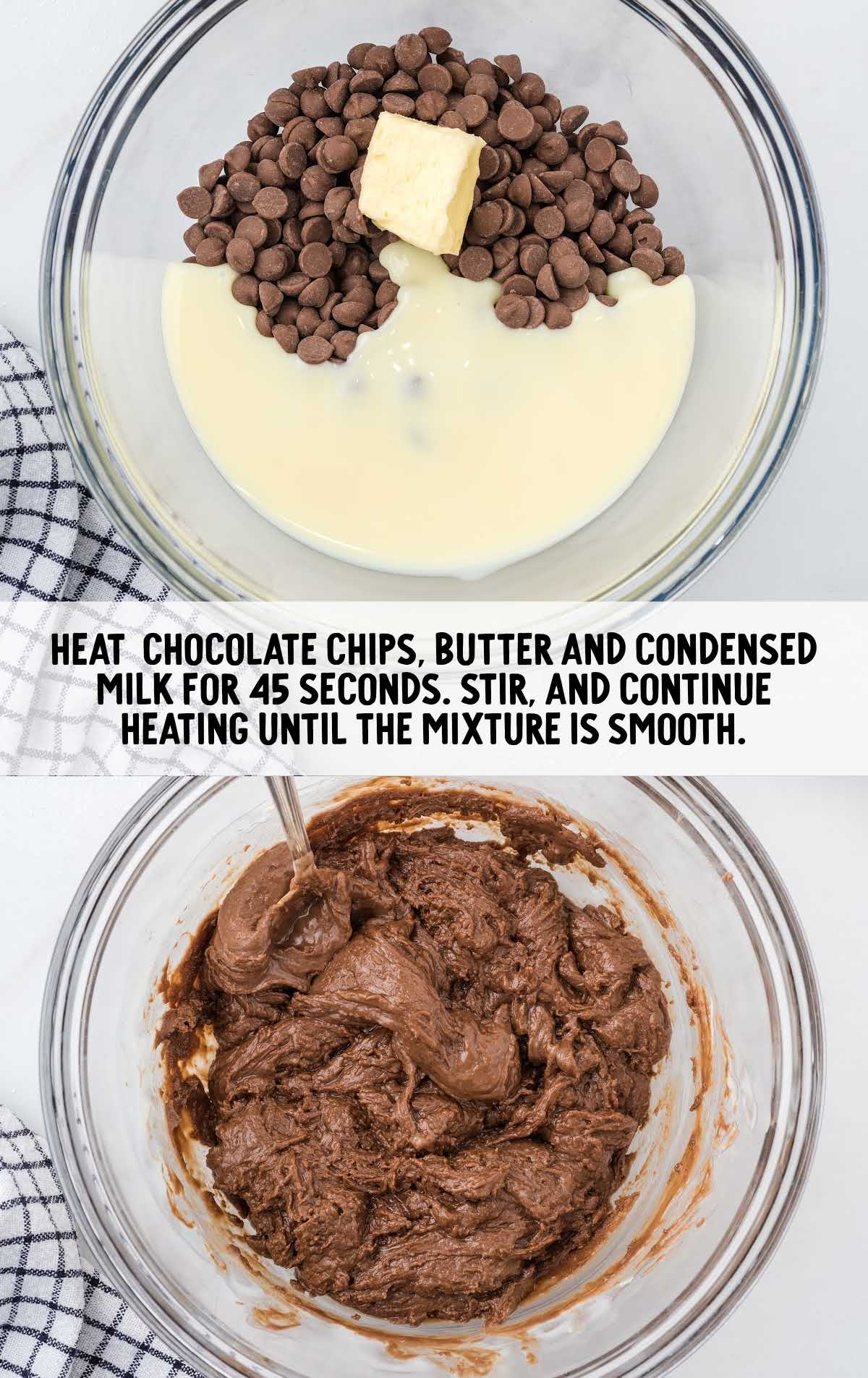 chocolate chips, butter, and milk heated and stirred in a bowl