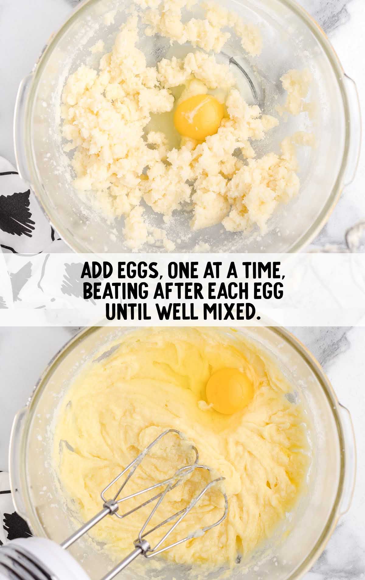 eggs added to the flour mixture and blended in a bowl