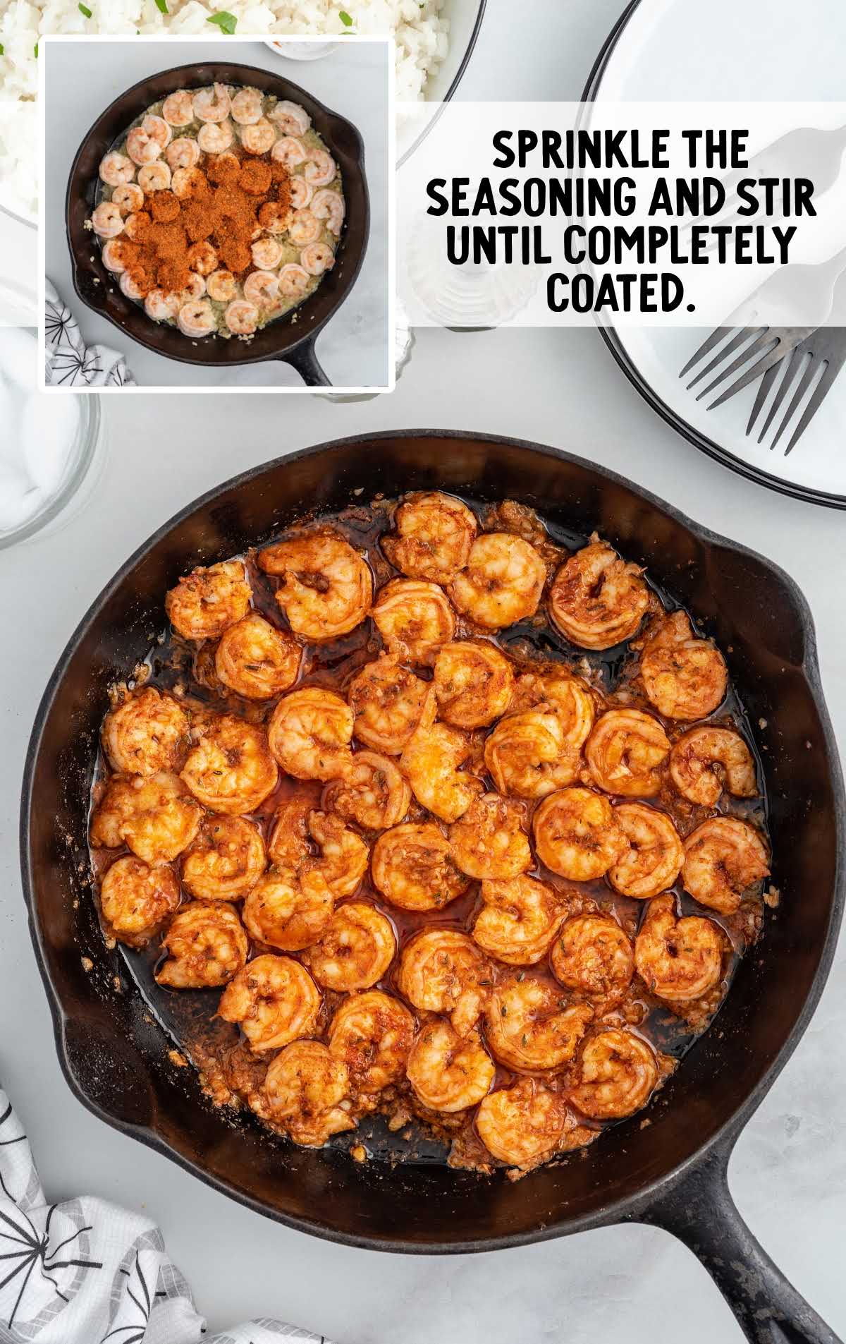 seasoning sprinkled and stirred in a pan