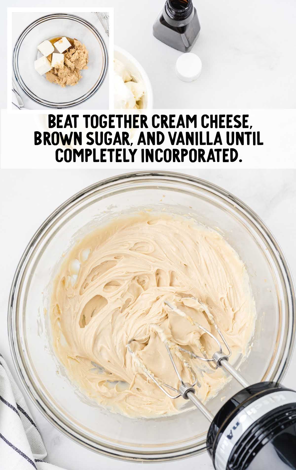 cream cheese, brown sugar, and vanilla blended in a bowl